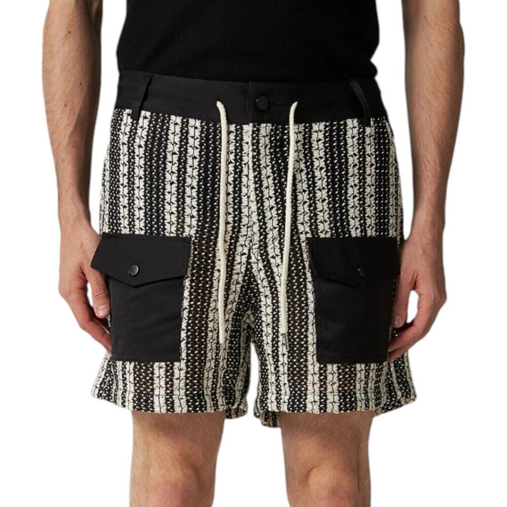 Fried Rice Black White Crochet Striped Utility Shorts UNISEX M NWOT